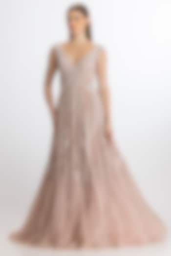 Silver Pink Italian Tulle Sequin Hand Embellished Gown by Bhawna Rao