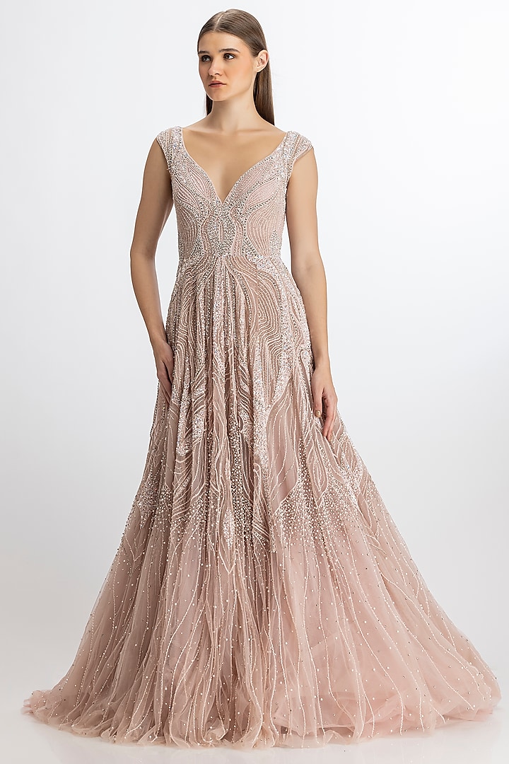 Silver Pink Italian Tulle Sequin Hand Embellished Gown by Bhawna Rao