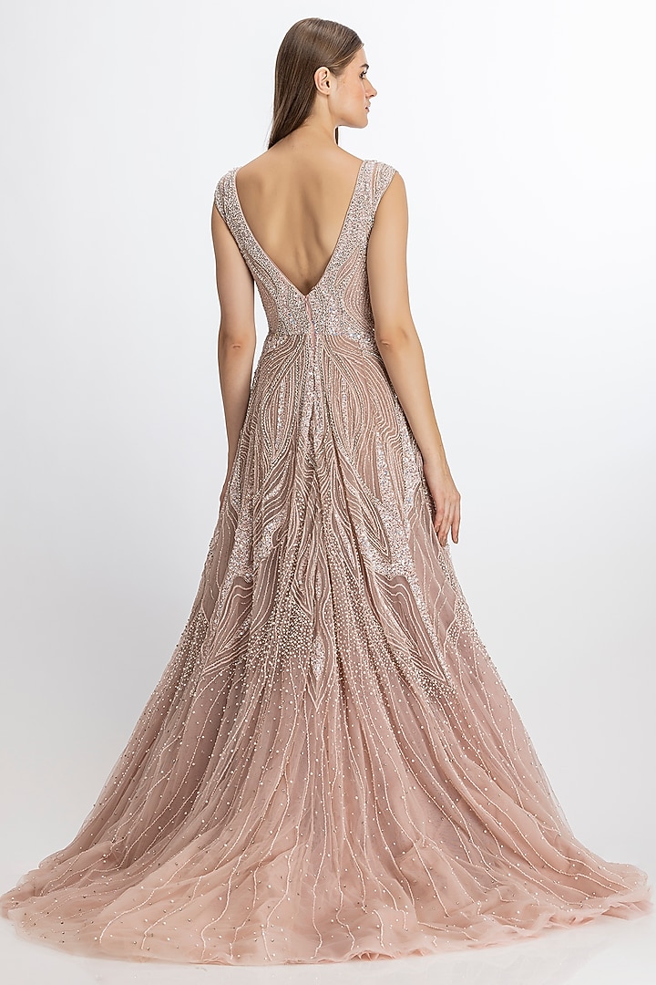 Silver Pink Italian Tulle Sequin Hand Embellished Bridal Gown by Bhawna Rao at Pernia's Pop Up Shop