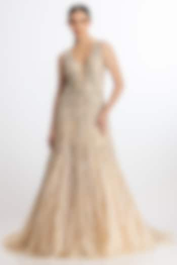 Ivory Italian Tulle Hand Embroidered Flared Gown by Bhawna Rao at Pernia's Pop Up Shop