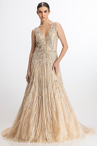 Ivory Italian Tulle Hand Embroidered Flared Gown by Bhawna Rao