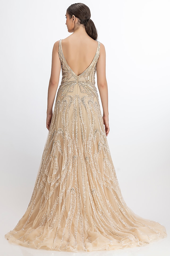 Ivory Italian Tulle Hand Embroidered Flared Bridal Gown by Bhawna Rao at Pernia's Pop Up Shop