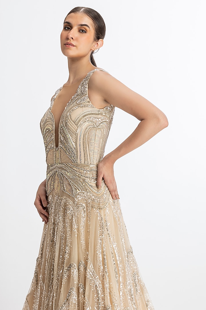 Ivory Italian Tulle Hand Embroidered Flared Bridal Gown by Bhawna Rao at Pernia's Pop Up Shop
