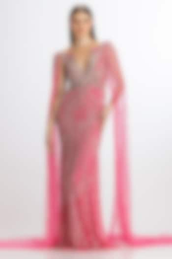 Vibrant Pink Italian Tulle Hand Embroidered Gown by Bhawna Rao at Pernia's Pop Up Shop