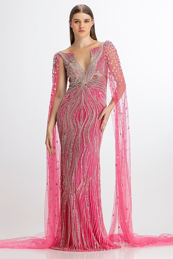 Vibrant Pink Italian Tulle Hand Embroidered Gown by Bhawna Rao at Pernia's Pop Up Shop