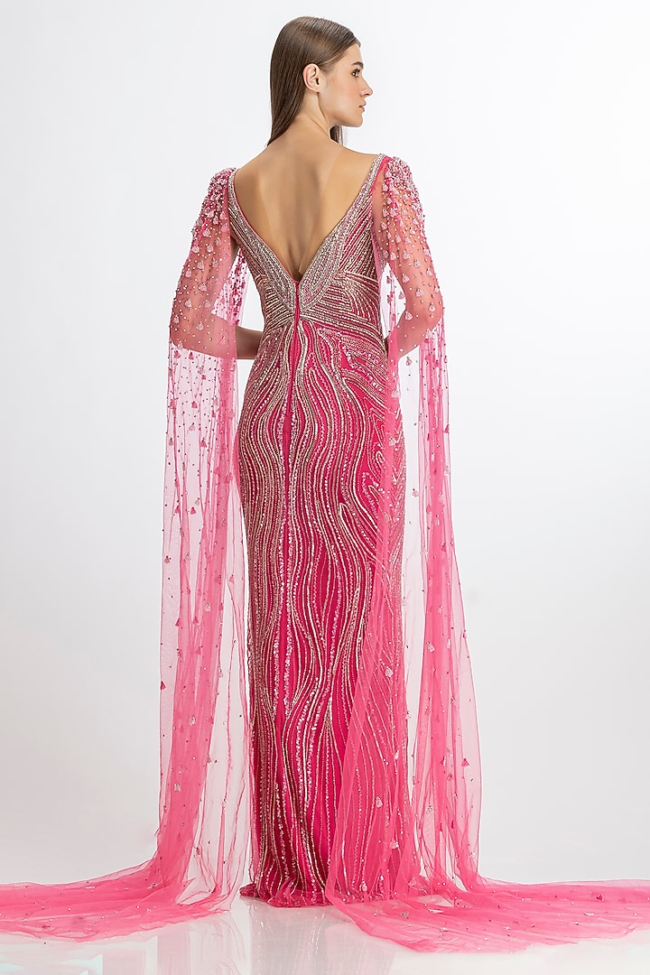 Vibrant Pink Italian Tulle Hand Embroidered Bridal Gown by Bhawna Rao at Pernia's Pop Up Shop