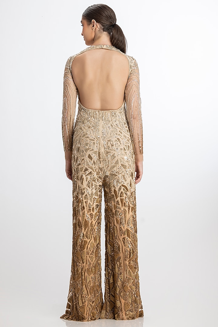 Ivory Copper Italian Tulle Hand Embroidered Ombre Jumpsuit by Bhawna Rao at Pernia's Pop Up Shop