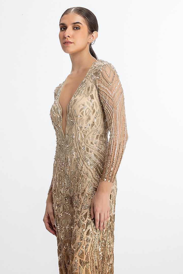 Ivory Copper Italian Tulle Hand Embroidered Ombre Jumpsuit by Bhawna Rao at Pernia's Pop Up Shop