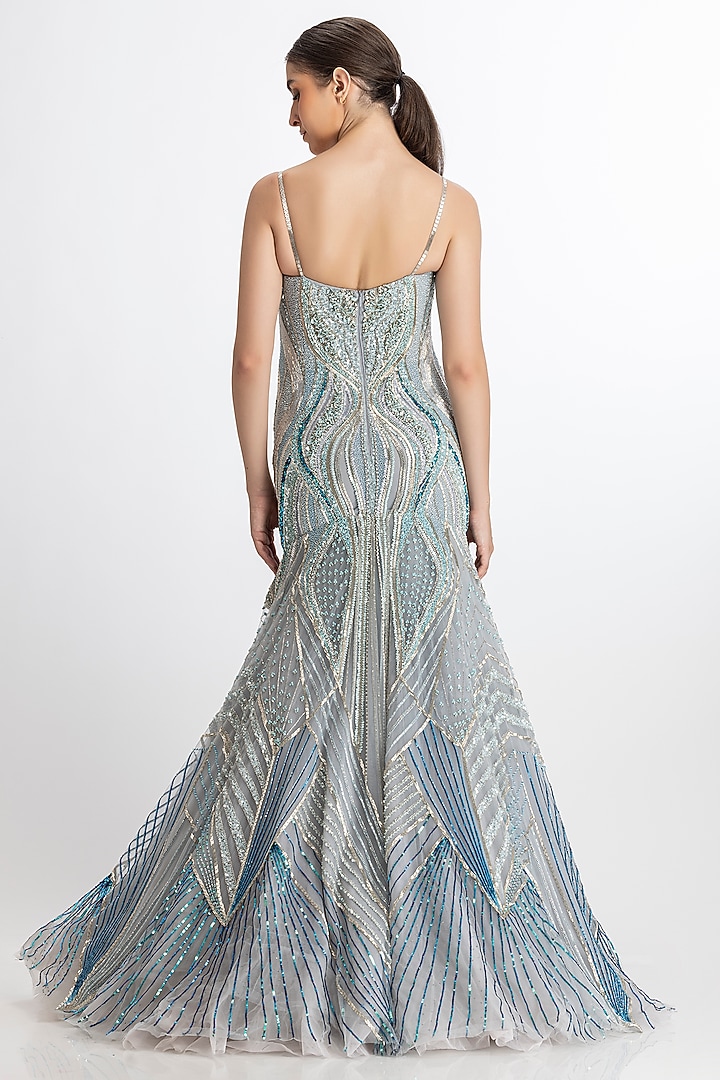 Soft Blue Italian Tulle Hand Embroidered Mermaid Flare Bridal Gown by Bhawna Rao at Pernia's Pop Up Shop