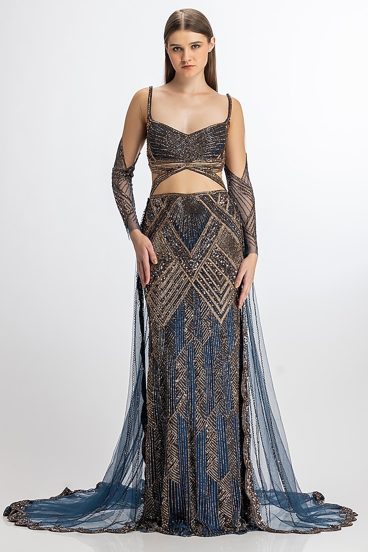 Midnight Blue-Copper Italian Tulle Hand Embroidered Gown by Bhawna Rao at Pernia's Pop Up Shop