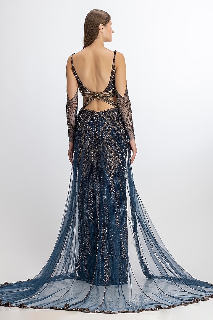 Midnight Blue-Copper Italian Tulle Hand Embroidered Bridal Gown by Bhawna Rao at Pernia's Pop Up Shop