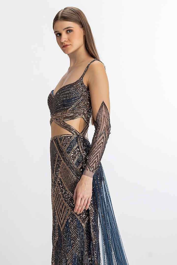 Midnight Blue-Copper Italian Tulle Hand Embroidered Bridal Gown by Bhawna Rao at Pernia's Pop Up Shop