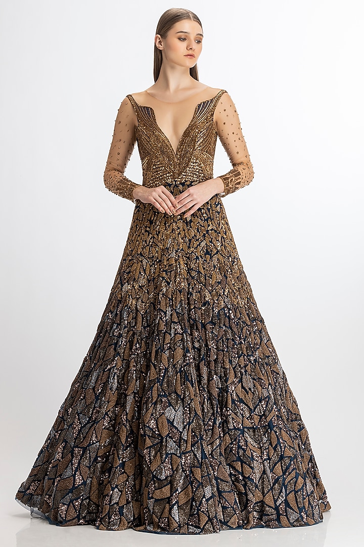 Midnight Blue & Copper Italian Tulle Hand Embroidered Bridal Gown by Bhawna Rao at Pernia's Pop Up Shop