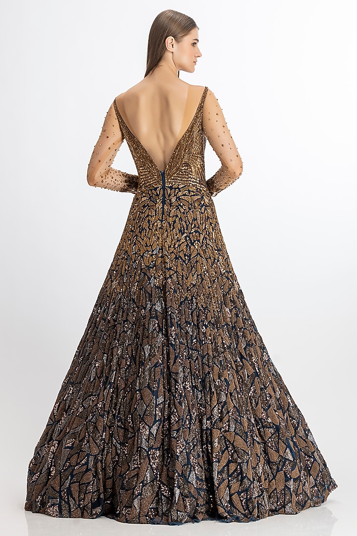 Midnight Blue & Copper Italian Tulle Hand Embroidered Bridal Gown by Bhawna Rao at Pernia's Pop Up Shop