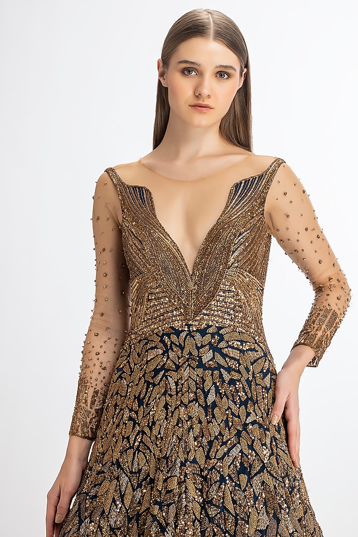 Midnight Blue & Copper Italian Tulle Hand Embroidered Bridal Gown by Bhawna Rao at Pernia's Pop Up Shop