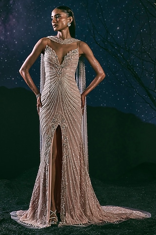 Pink Italian Tulle & Silk Lycra Hand Embroidered Gown by Bhawna Rao