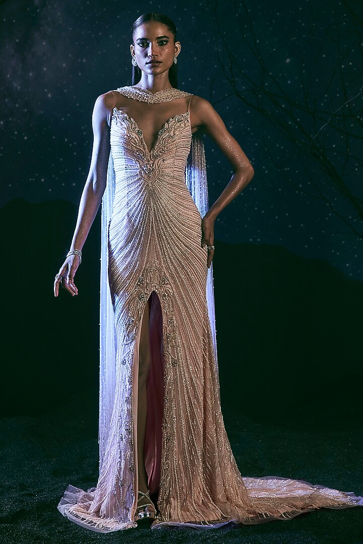 Pink Italian Tulle & Silk Lycra Hand Embroidered Bridal Gown by Bhawna Rao at Pernia's Pop Up Shop