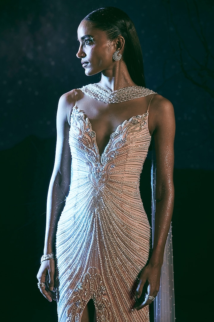 Pink Italian Tulle & Silk Lycra Hand Embroidered Bridal Gown by Bhawna Rao at Pernia's Pop Up Shop