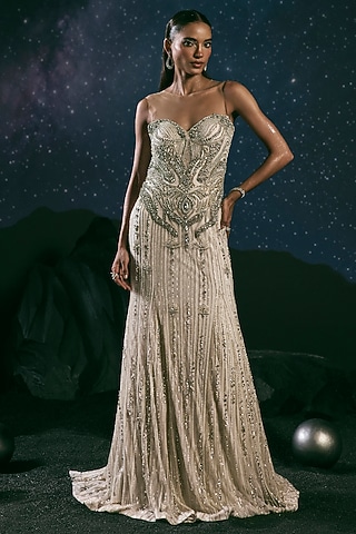 Ivory Italian Tulle & Silk Lycra Beadwork Gown by Bhawna Rao