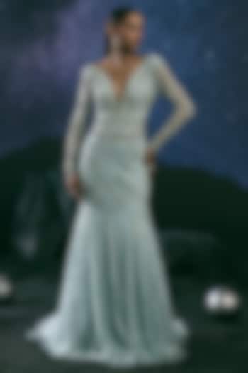 Sea Blue Italian Tulle Glass Crystal Embroidered Bridal Gown by Bhawna Rao at Pernia's Pop Up Shop