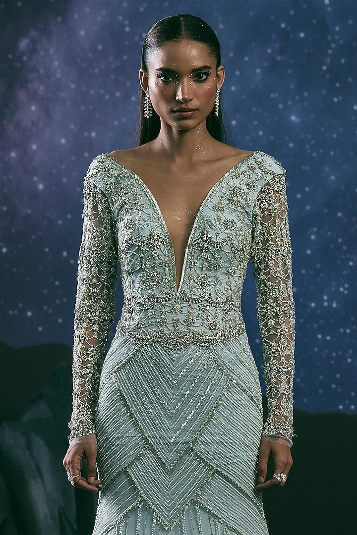 Sea Blue Italian Tulle Glass Crystal Embroidered Bridal Gown by Bhawna Rao at Pernia's Pop Up Shop