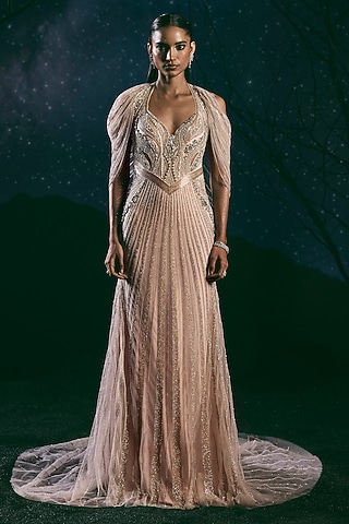Pink Italian Tulle & Silk Lycra Embellished Gown by Bhawna Rao