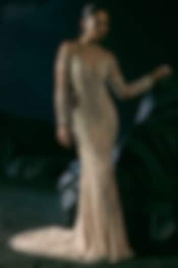 Beige Italian Tulle & Silk Lycra Hand Embroidered Bridal Gown by Bhawna Rao at Pernia's Pop Up Shop