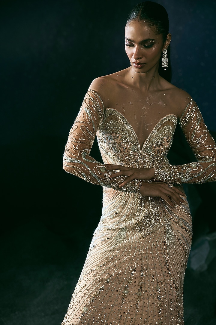 Beige Italian Tulle & Silk Lycra Hand Embroidered Bridal Gown by Bhawna Rao at Pernia's Pop Up Shop