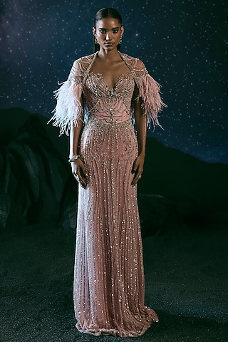 Milky Pink Italian Tulle & Silk Lycra Embellished Gown by Bhawna Rao