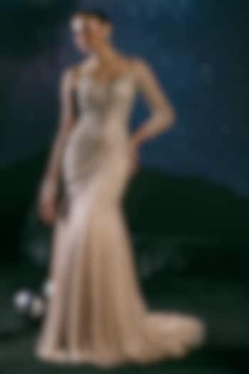 Dull Cream Italian Tulle Crystal Hand Embroidered Bridal Gown by Bhawna Rao at Pernia's Pop Up Shop