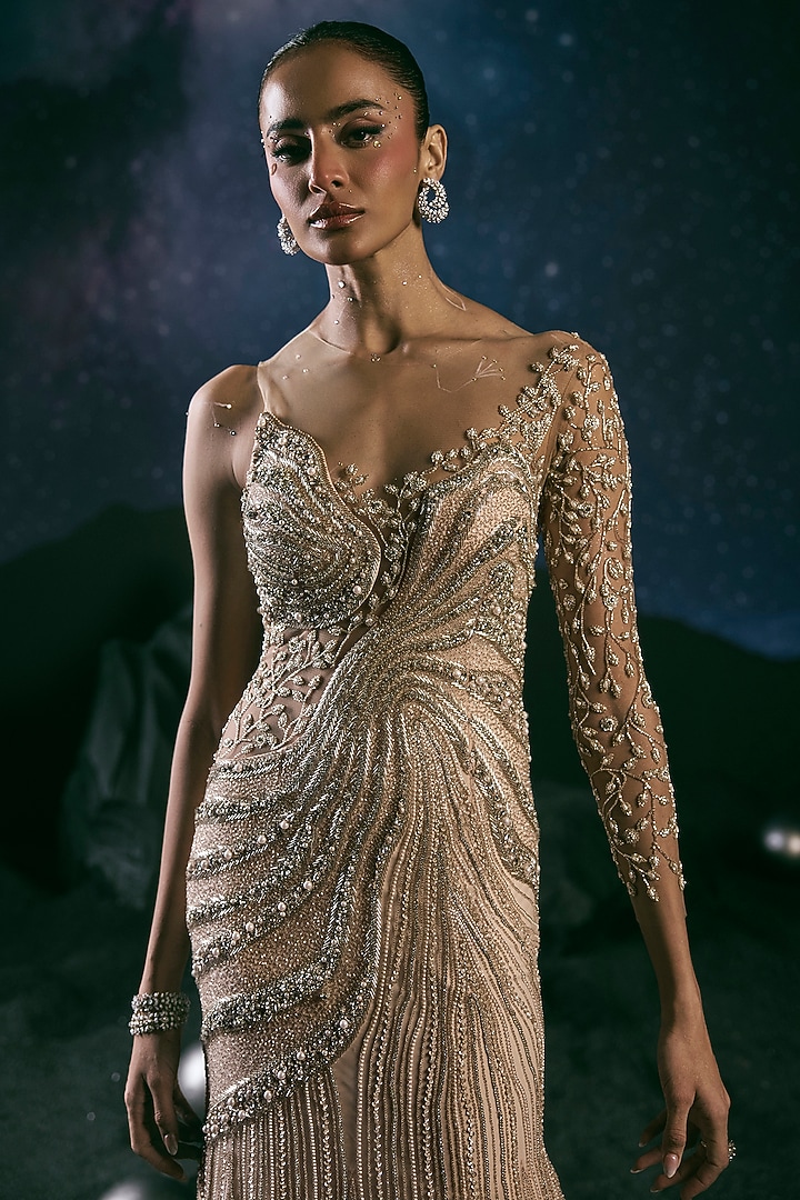 Dull Cream Italian Tulle Crystal Hand Embroidered Bridal Gown by Bhawna Rao at Pernia's Pop Up Shop