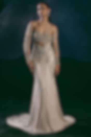 Ivory Italian Tulle Crystal Hand Embroidered Bridal Gown by Bhawna Rao at Pernia's Pop Up Shop