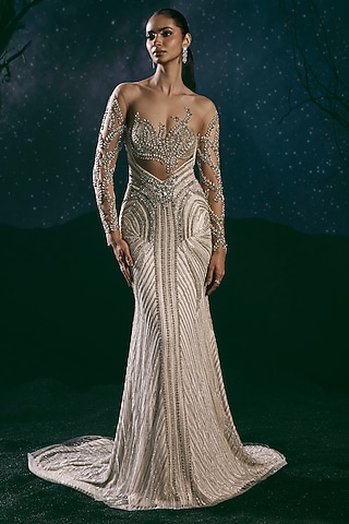 Ivory Italian Tulle Crystal Hand Embroidered Gown by Bhawna Rao
