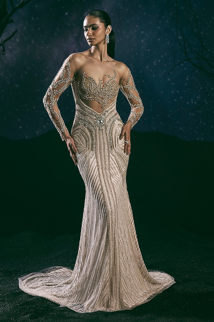 Ivory Italian Tulle Crystal Hand Embroidered Bridal Gown by Bhawna Rao at Pernia's Pop Up Shop