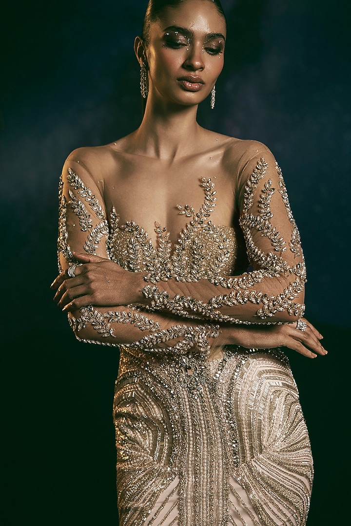Ivory Italian Tulle Crystal Hand Embroidered Bridal Gown by Bhawna Rao at Pernia's Pop Up Shop