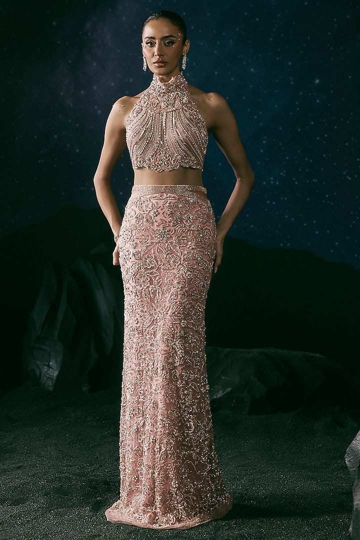 Pink Italian Tulle & Silk Lycra Hand Embroidered Bridal Gown by Bhawna Rao at Pernia's Pop Up Shop