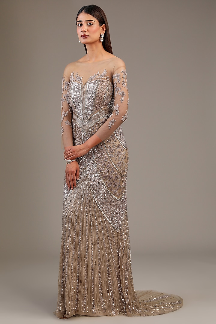 Champagne Gold Italian Tulle Glass Bead Hand Embroidered Gown by Bhawna Rao