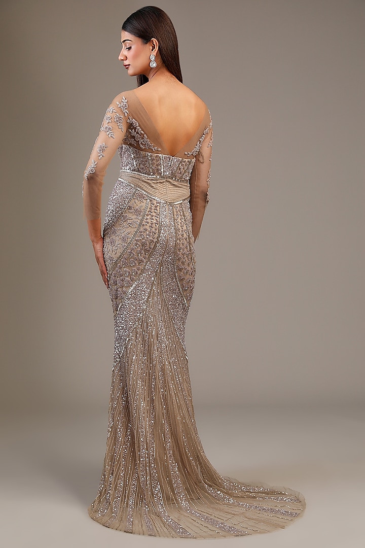 Champagne Gold Italian Tulle Glass Bead Hand Embroidered Bridal Gown by Bhawna Rao at Pernia's Pop Up Shop