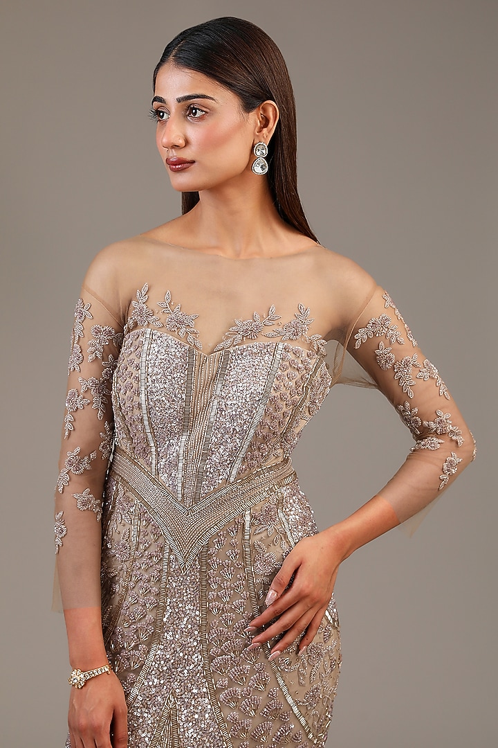 sachin and babi light blue dress Champagne Gold Italian Tulle Glass Bead Hand Embroidered Gown by Bhawna Rao  at Pernia's Pop Up Shop 2026