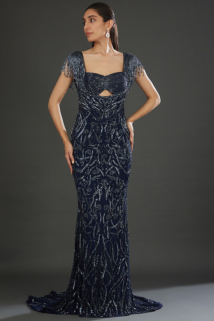Navy Blue Italian Tulle Hand Embroidered Gown by Bhawna Rao