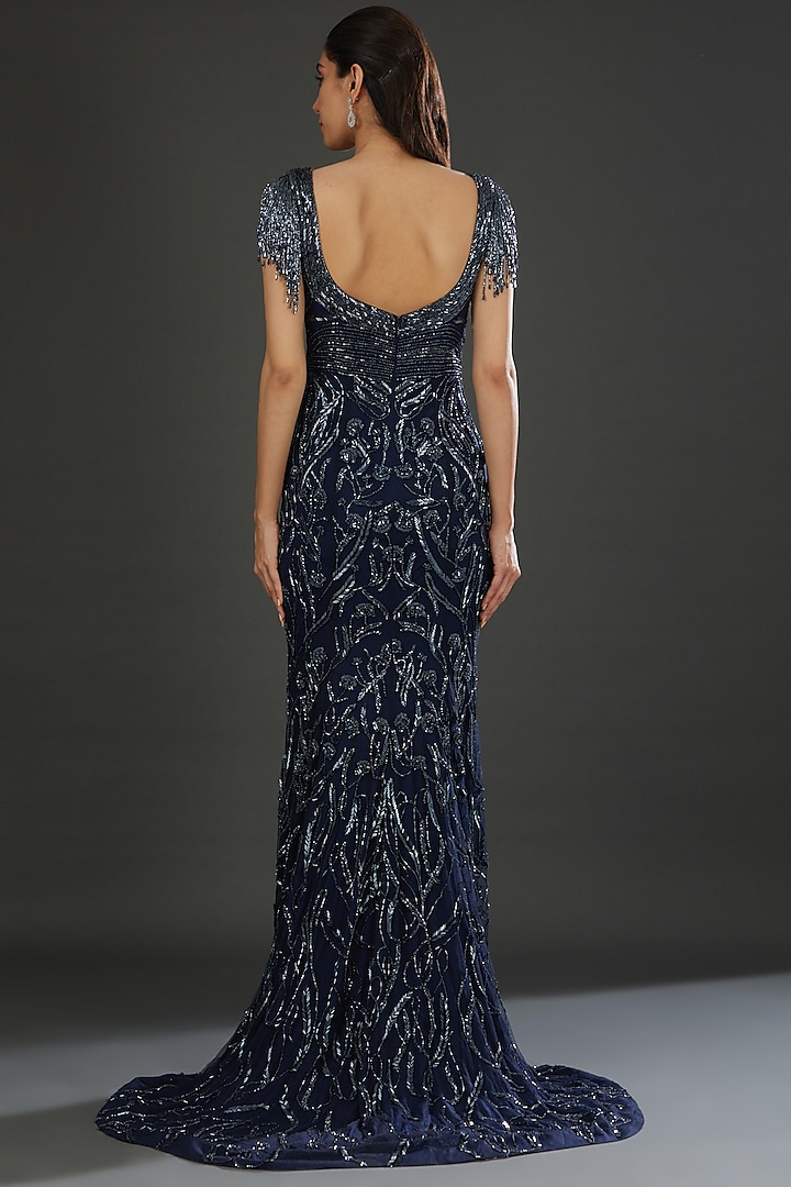 Navy Blue Italian Tulle Hand Embroidered Bridal Gown by Bhawna Rao at Pernia's Pop Up Shop