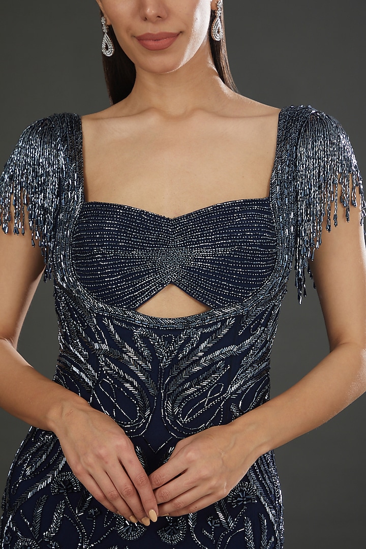 Navy Blue Italian Tulle Hand Embroidered Bridal Gown by Bhawna Rao at Pernia's Pop Up Shop