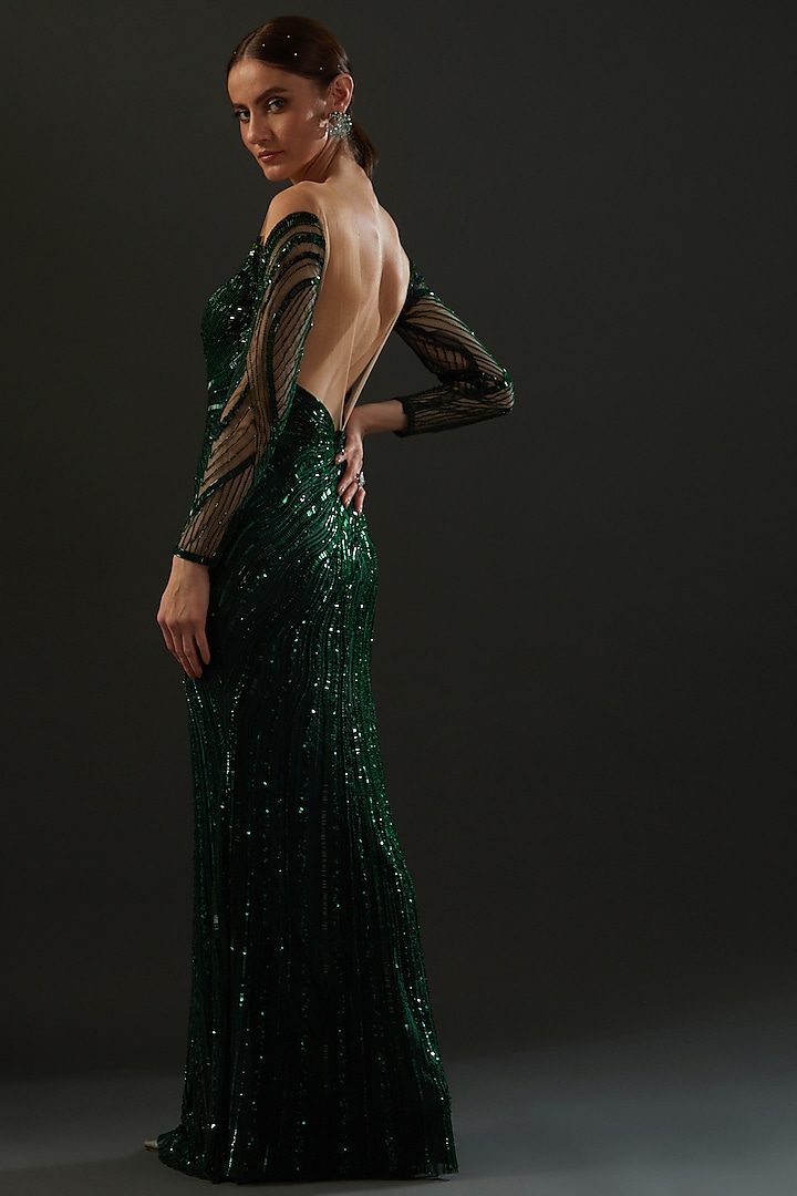 Green Hand Embroidered Wedding Gown by Bhawna Rao at Pernia's Pop Up Shop