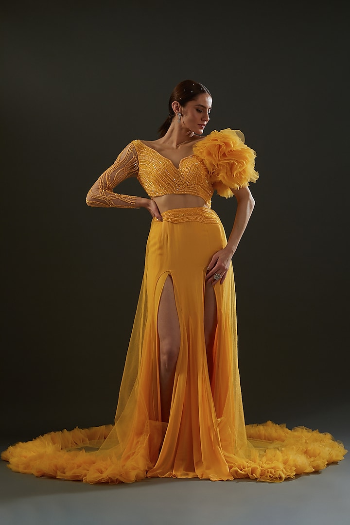 Yellow Hand Embroidered Gown by Bhawna Rao