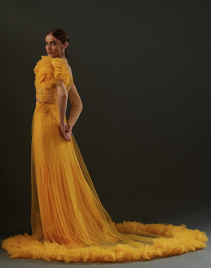 Yellow Hand Embroidered Engagement Gown by Bhawna Rao at Pernia's Pop Up Shop