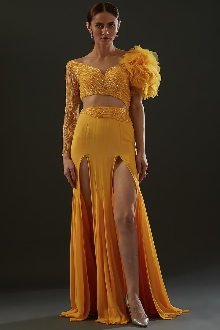 Yellow Hand Embroidered Engagement Gown by Bhawna Rao at Pernia's Pop Up Shop