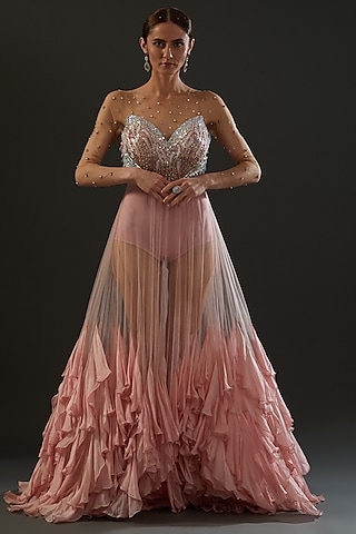 Blush Pink Hand Embroidered Gown by Bhawna Rao