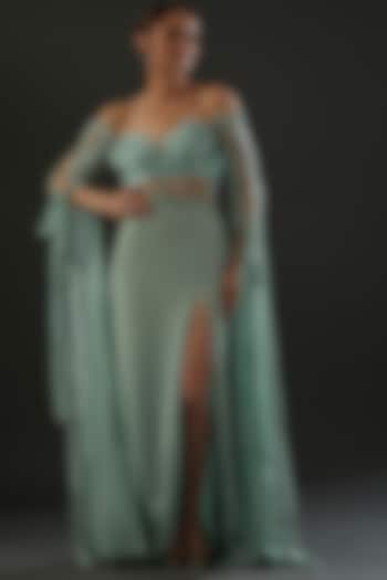 Sea Green Italian Tulle Hand Embroidered Corset Wedding Gown by Bhawna Rao at Pernia's Pop Up Shop