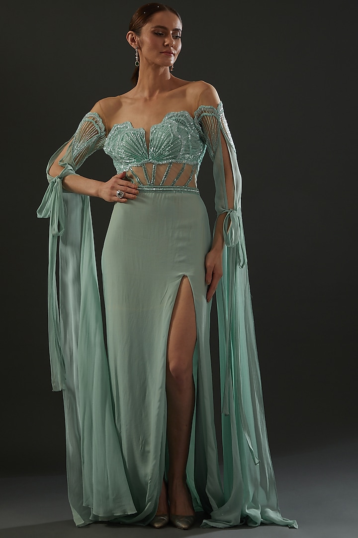 Sea Green Italian Tulle Hand Embroidered Corset Gown by Bhawna Rao