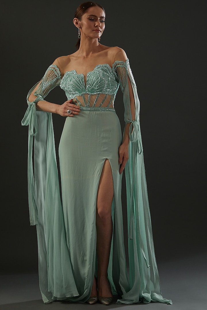 Sea Green Italian Tulle Hand Embroidered Corset Wedding Gown by Bhawna Rao at Pernia's Pop Up Shop
